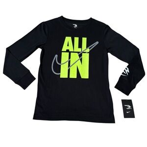 NWT-Nike Kids Black/Neon Green  Long Sleeve Tee  Graphic‎ All In With Nike Logo